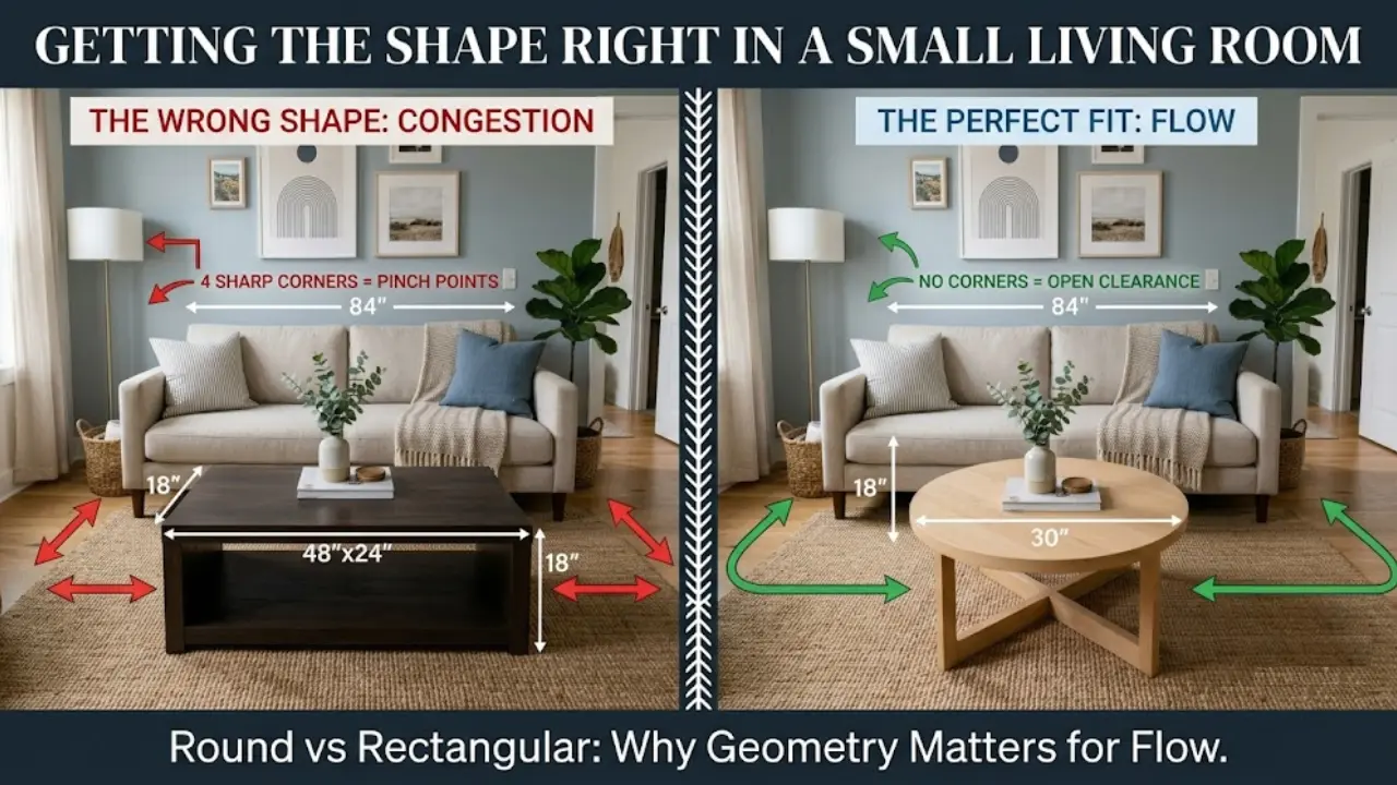 Side by side comparison of Best Coffee Table Shapes for Small Living Rooms in a small living room
