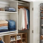 Small bedroom closet organization ideas with shelf dividers, hanging clothes, shoe cubbies, and over-the-door organizer
