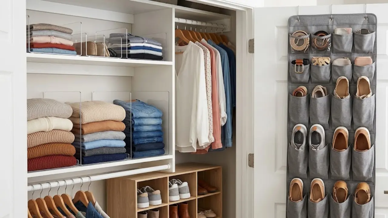 Small bedroom closet organization ideas with shelf dividers, hanging clothes, shoe cubbies, and over-the-door organizer