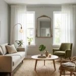 Small living room with floated sofa, round coffee table, green accent chair, layered lighting and jute rug showing a well-arranged layout