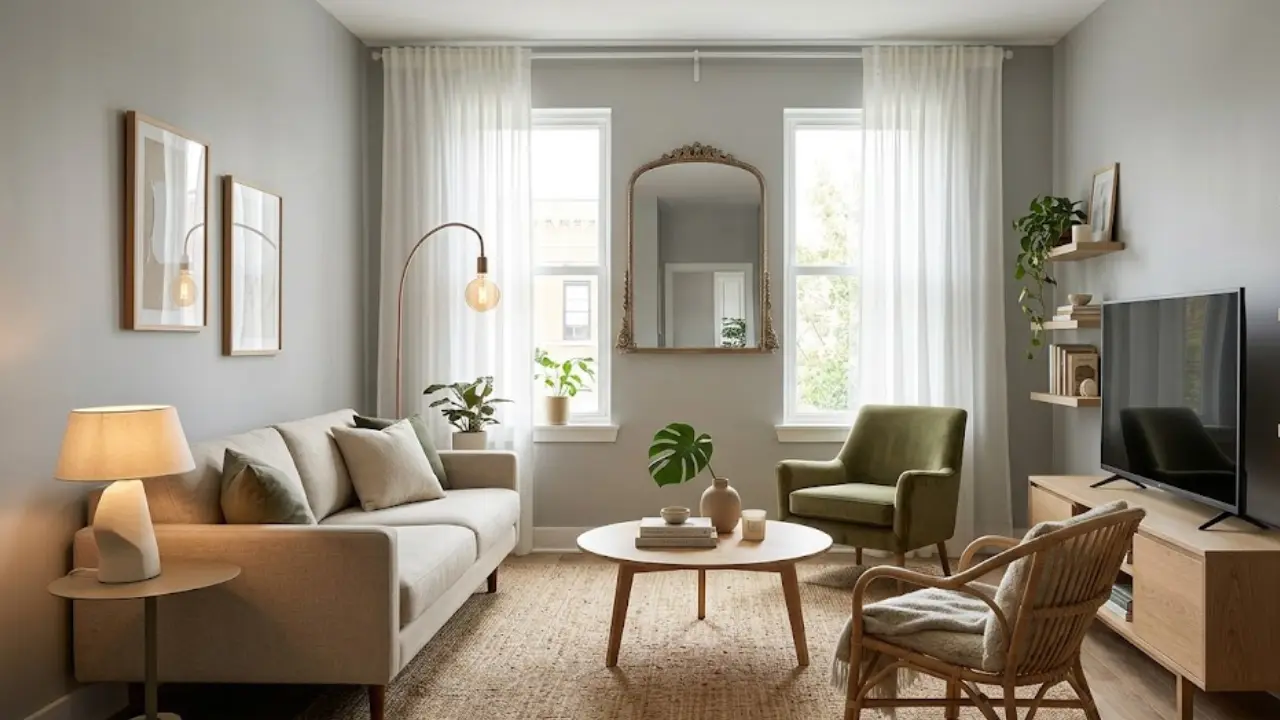 Small living room with floated sofa, round coffee table, green accent chair, layered lighting and jute rug showing a well-arranged layout