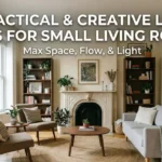 Small living room layout ideas with fireplace, tall bookshelves, round coffee table, mirror, and L-shape seating arrangement