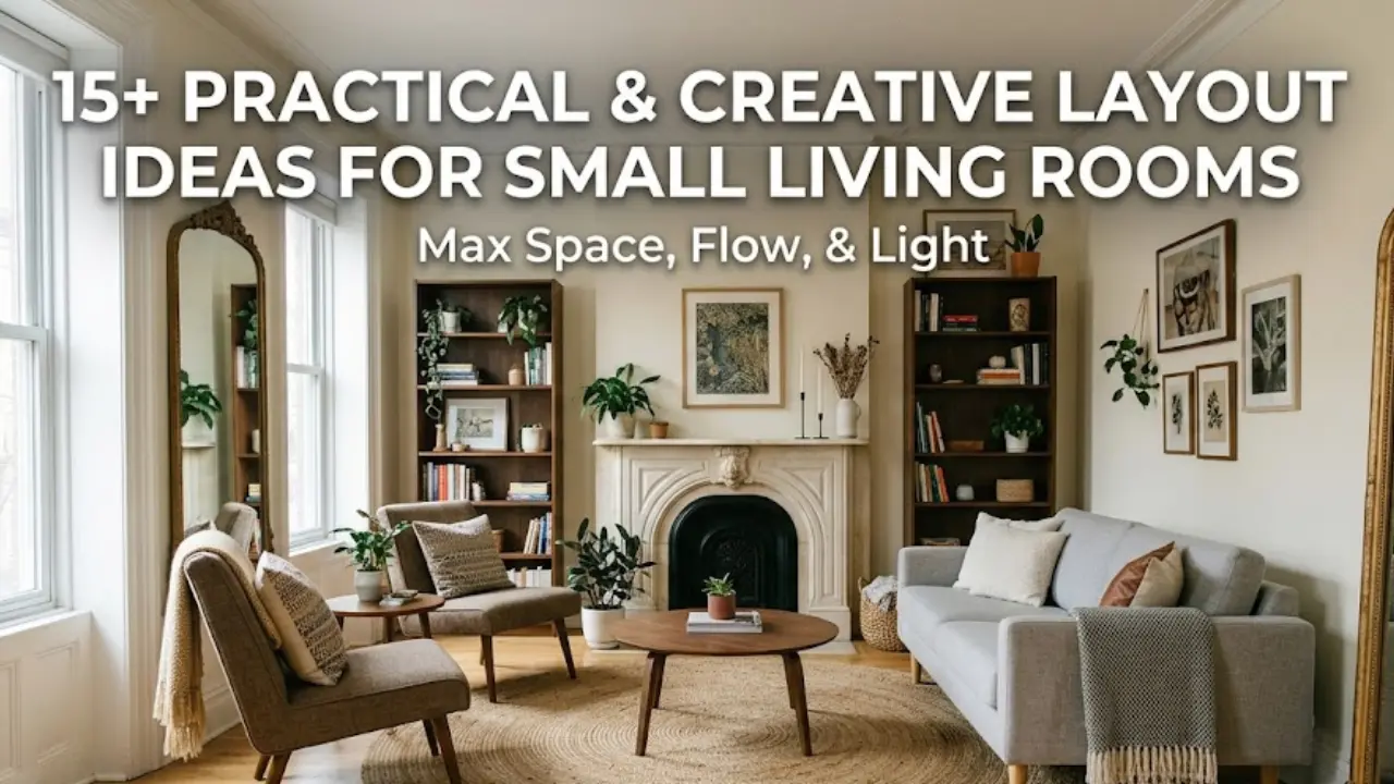 Small living room layout ideas with fireplace, tall bookshelves, round coffee table, mirror, and L-shape seating arrangement