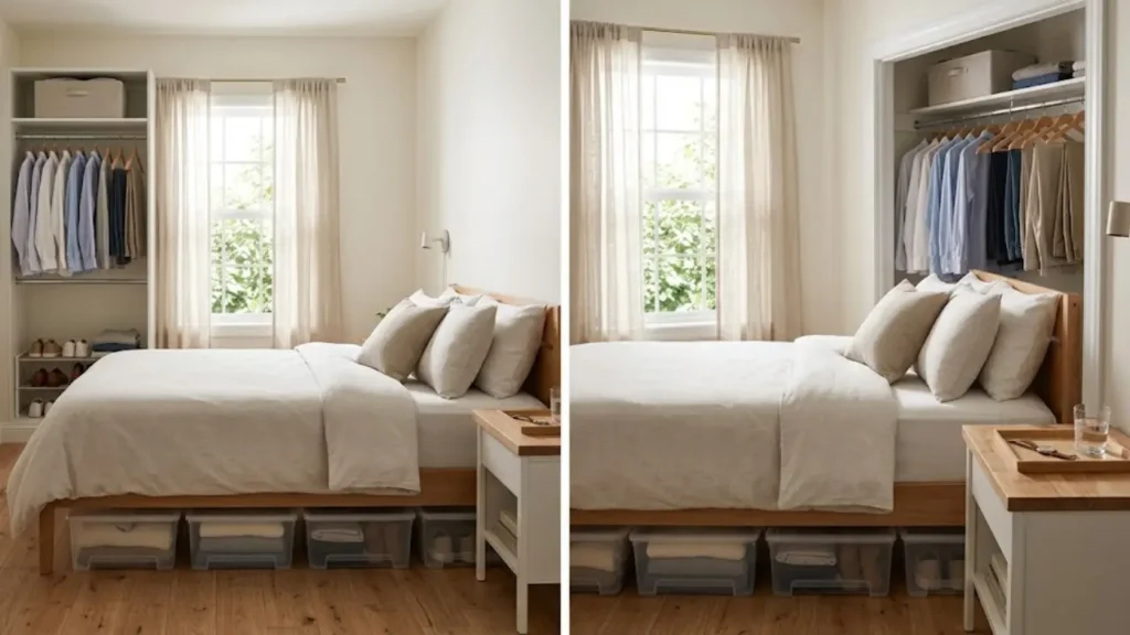 Home organization ideas for small bedroom showing under-bed storage bins and organized double rod closet