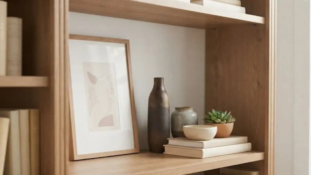 Bookshelf styling in a living room showing odd number grouping varying heights and leaned framed art