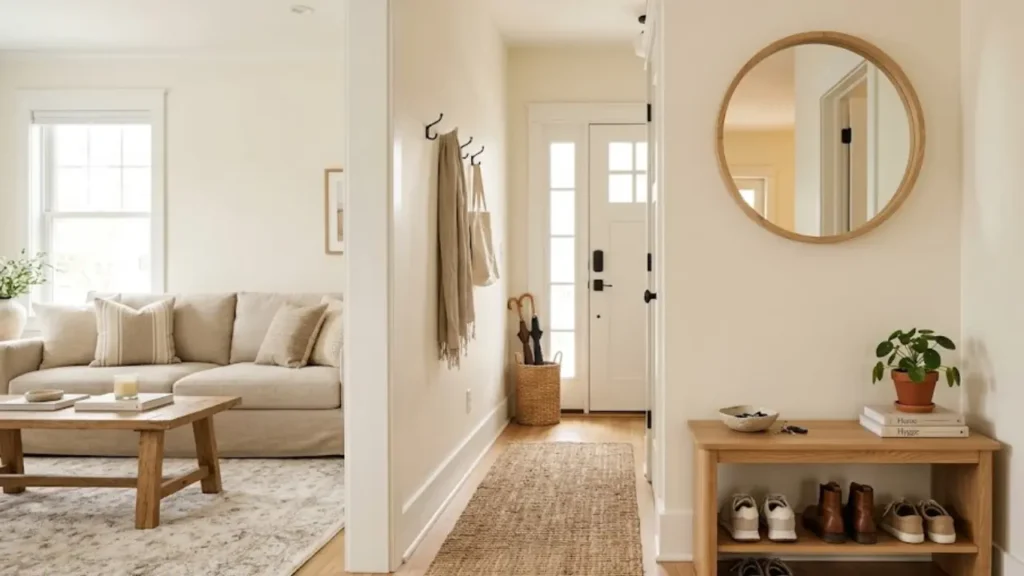 Decorate a small entryway with bench shoe storage and mirror showing visual continuity into living room