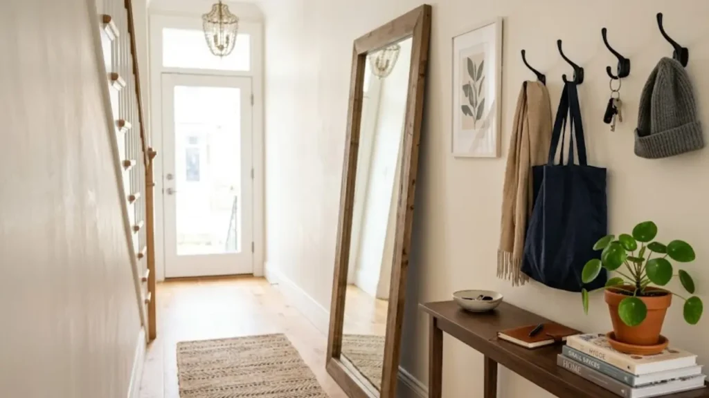 How to decorate a small entryway with slim console table mirror hooks and plant in a narrow hallway