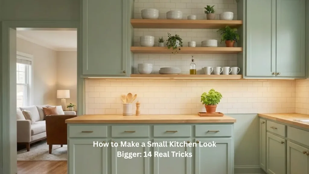 How to make a small kitchen look bigger with sage green cabinets open shelving under cabinet lighting and subway tile backsplash