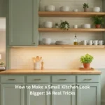 How to make a small kitchen look bigger with sage green cabinets open shelving under cabinet lighting and subway tile backsplash