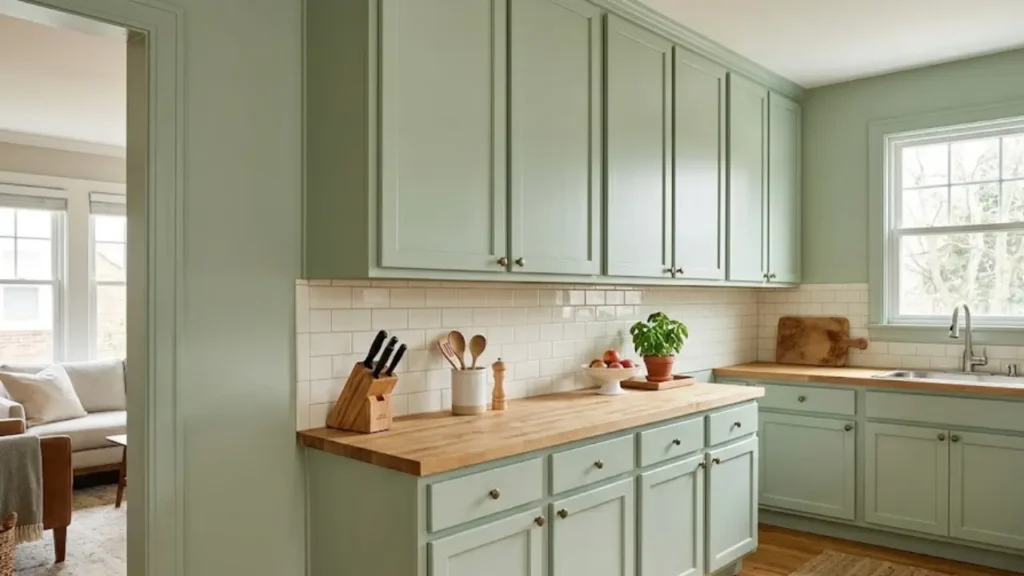 How to make a small kitchen look bigger by painting cabinets and walls the same color for visual continuity