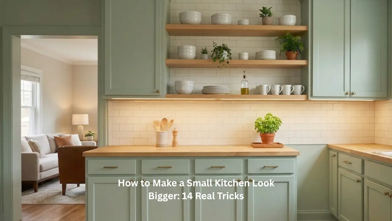 How to make a small kitchen look bigger with sage green cabinets open shelving under cabinet lighting and subway tile backsplash