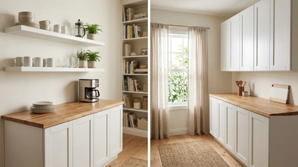 Small space organization ideas for kitchen showing clear counters and open shelving for everyday items
