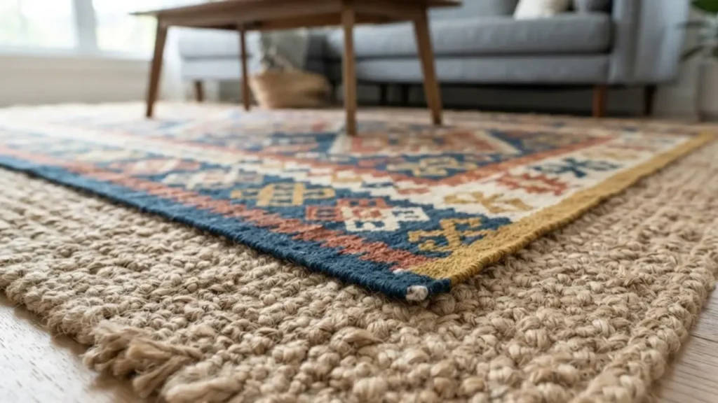 Layering rugs in a living room showing texture contrast between flat weave accent and jute base rug