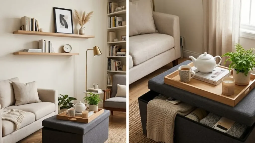 Home organization ideas for small spaces showing storage ottoman and floating shelves in a small living room
