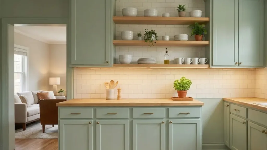 Make a small kitchen look bigger with open shelving replacing upper cabinets for visual depth