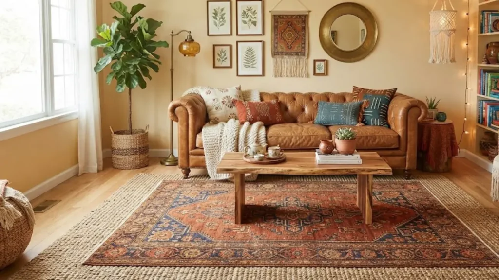 Rug layering in a living room with brown sofa warm tones jute base and vintage style accent rug