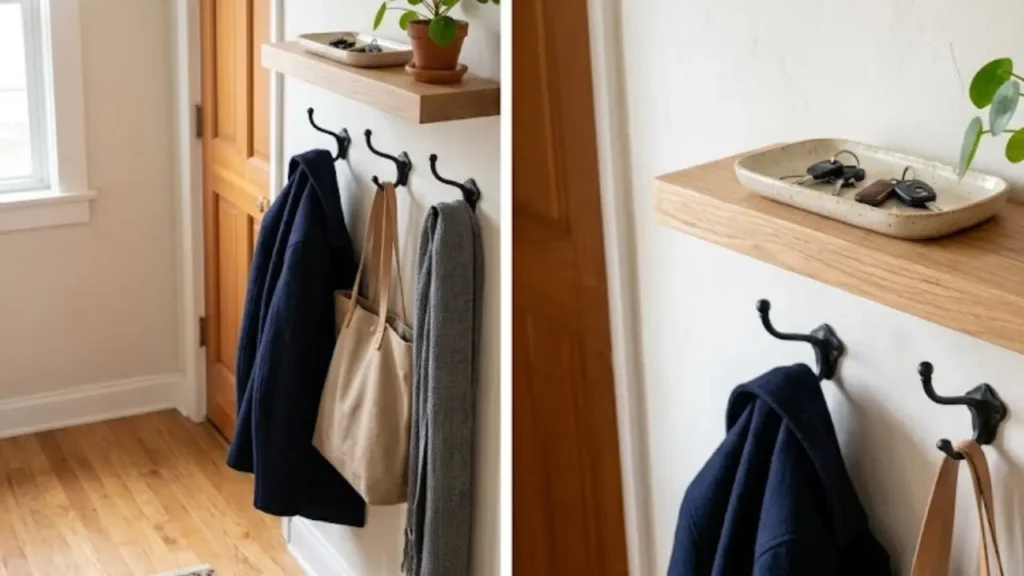 Small entryway decorating idea with wall-mounted hooks floating shelf and clear floor for a rental apartment