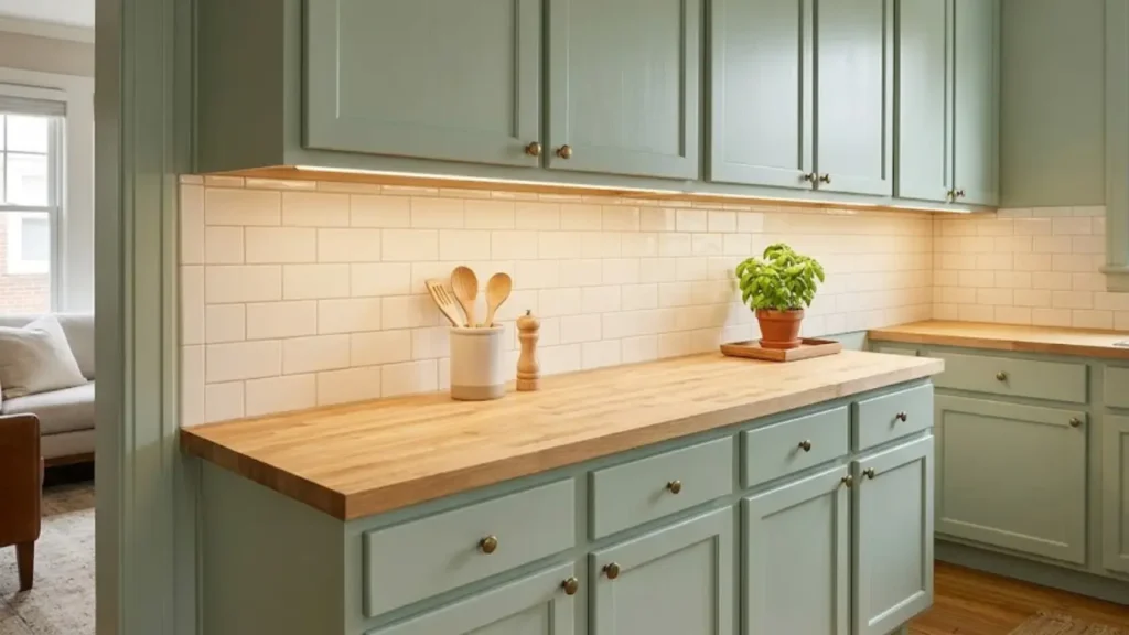 Small kitchen look bigger trick showing under-cabinet LED lighting eliminating counter shadows