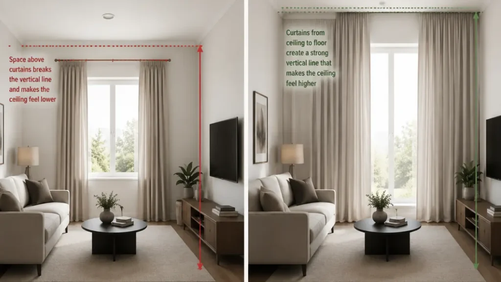 Small living room look expensive with curtains hung at ceiling height to make room feel taller