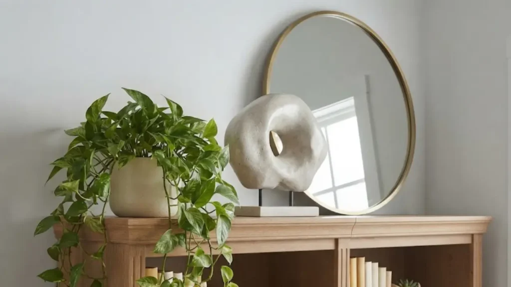 Style bookshelves in a living room top shelf with large plant sculptural object and leaning mirror