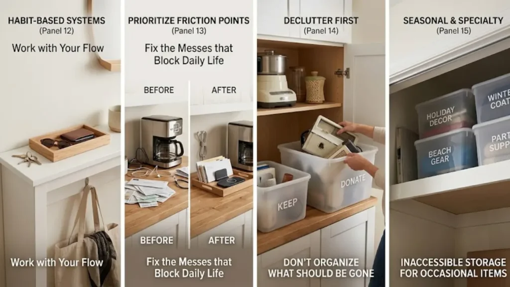 Home organization ideas for small bedroom showing under-bed storage bins and organized double rod closet
