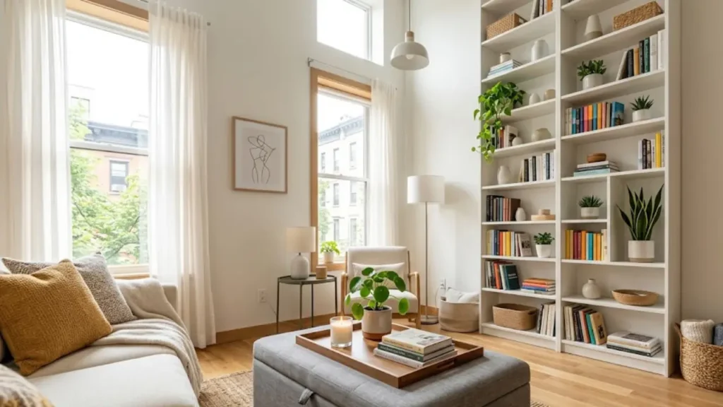 Home organization ideas for small spaces showing tall bookshelf storage ottoman coffee table and natural light in a small living room