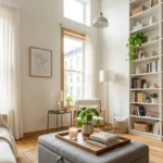 Home organization ideas for small spaces showing tall bookshelf storage ottoman coffee table and natural light in a small living room