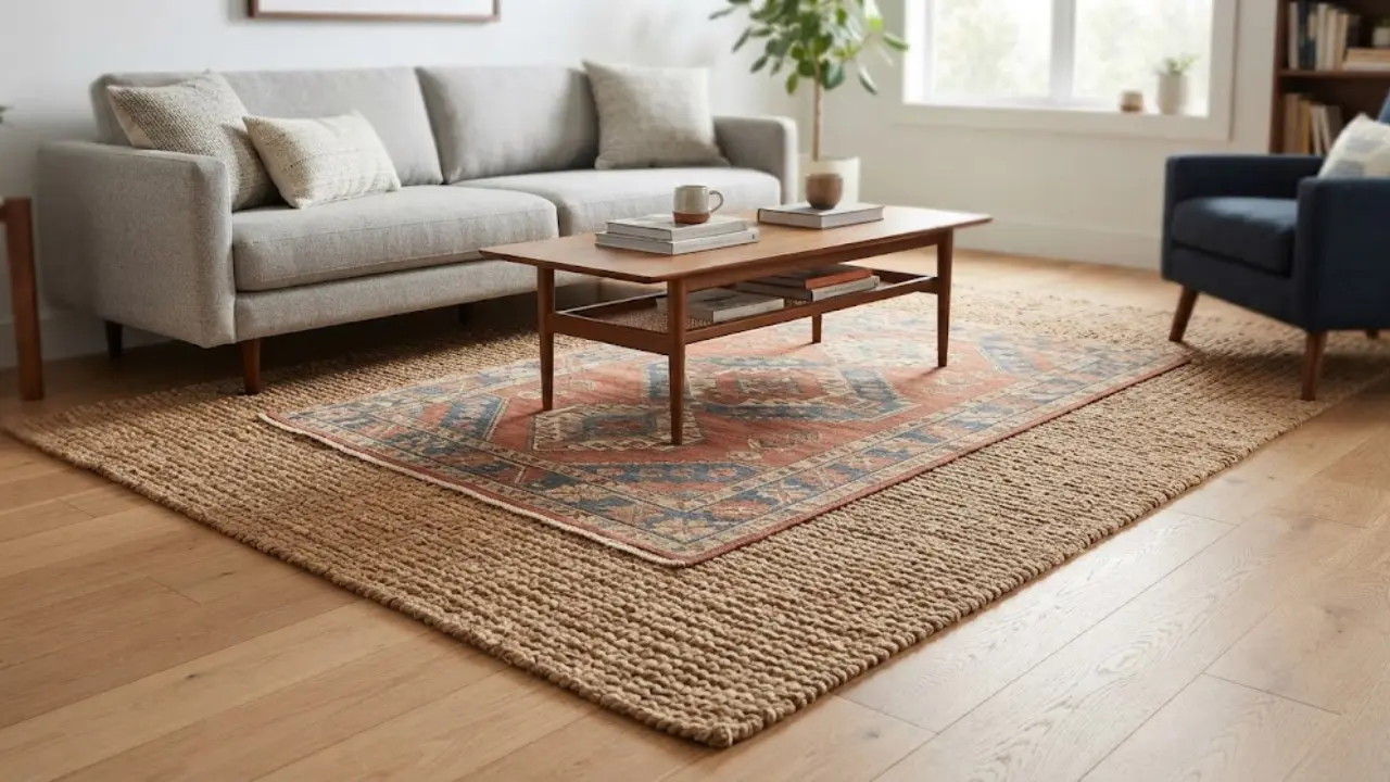 Image shows how to layer rugs in a living room the right way