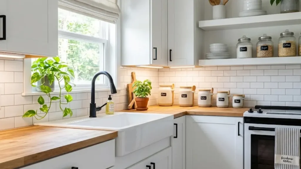 How to decorate a small kitchen on a budget with matching canisters plant and coordinated kitchen towel