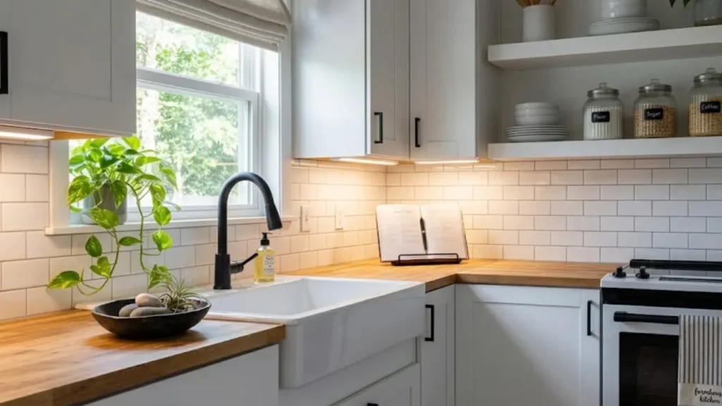 Small kitchen decorating idea showing peel-and-stick under-cabinet LED lighting and clear styled counter