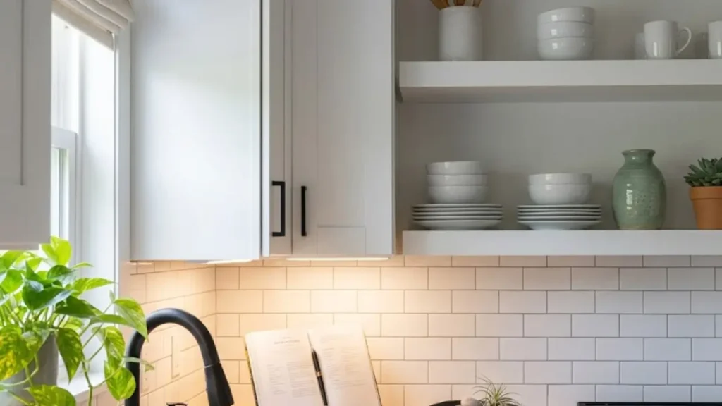 Decorate a small kitchen on a budget with styled open shelving showing matching dishes and plant
